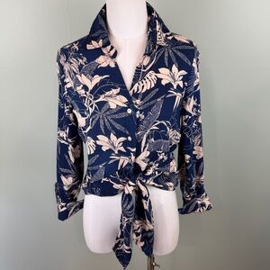 Panama Jack Linen blend Tie-Front Floral Button-Up Shirt Navy & Cream sz Small